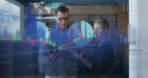 Business Team Analyzing Global Financial Data with Digital Interface Overlay