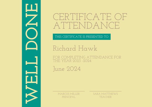 This certificate of attendance features a design with green accents and a bold 'WELL DONE' message on the left. It is perfect for rewarding students for their dedication and attendance throughout the academic year. Suitable for schools, educational institutions, and training programs, this certificate template can be used to motivate and recognize consistent participation.