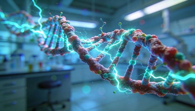 Glowing double helix twisting above research laboratory bench with electric-blue arcs
