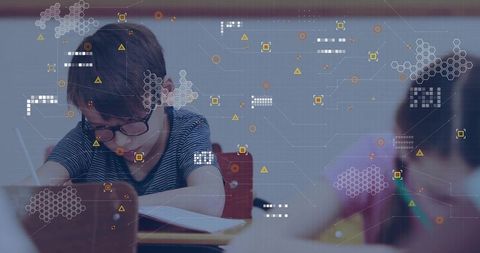 Student in Classroom, Focusing with Digital Technology Overlay