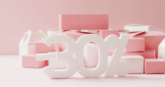 Minus thirty per cent text in white with pink and white gift boxes on pink background. Luxury treat, present, shopping, sale and retail concept digitally generated image.