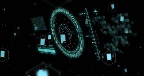 Scanning holographic hud ring visualizing mobile network data flow and security metrics