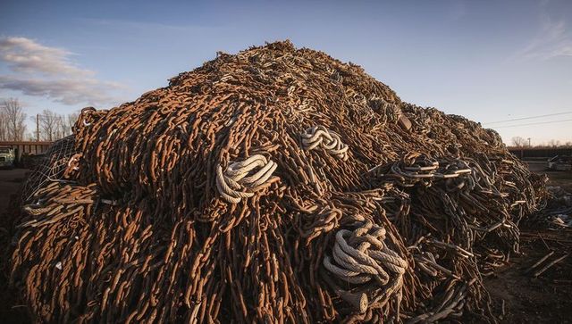Giant pile of rusted chains and coiled ropes in salvage yard, industrial corrosion texture