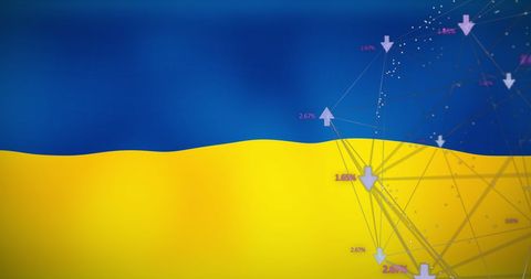 Economic data overlaid on ukraine flag symbolizing financial crisis