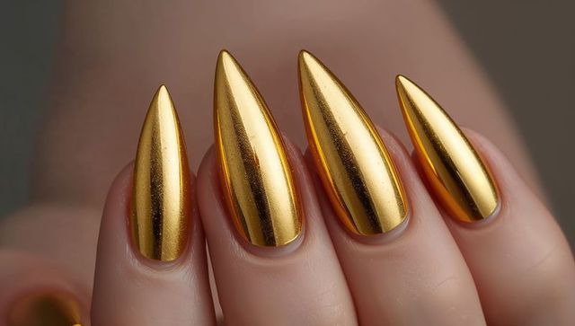 Female hand displaying gold chrome stiletto nails closeup metallic pointed manicure