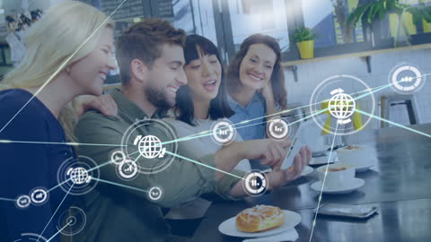 Diverse Professionals Connecting in Cafe with Digital Animation Overlay