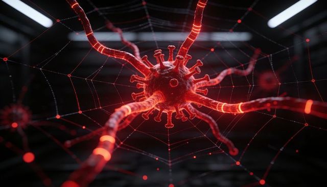 Glowing viral particle with bioluminescent tendrils forming neural web in dark lab scifi