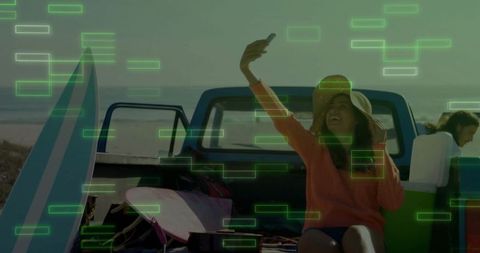 Woman Taking Selfie Beach Pickup Tailgate