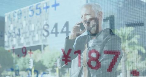 Businessman Discussing Investments Amid Dynamic Stock Numbers