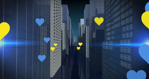Hearts and lights hovering over modern cityscape