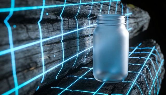 Frosted glass jar on cyan neon grid over charred wood for futuristic product mockup
