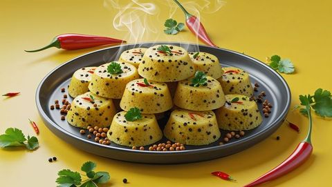 Steaming Gourmet Yellow Cakes with Red Chili and Cilantro Garnish