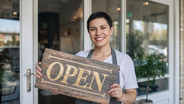 Smiling café owner holding open sign at glass door entrance