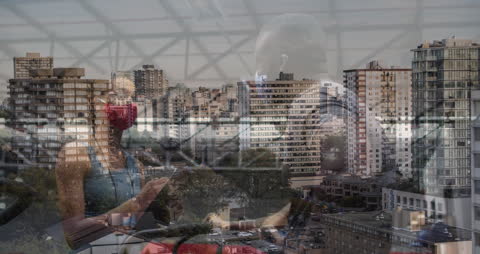 Cityscape Overlaid with Diverse Individuals Connecting in Pandemic