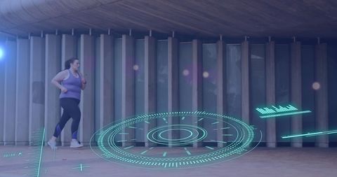 Caucasian Woman Running with Digital Data Overlay