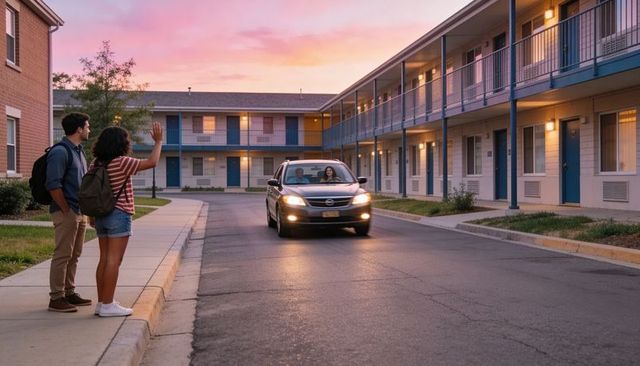 College students waving while car arriving at campus dorm courtyard during sunset pickup