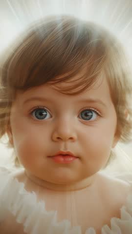 Infant blinking and gazing into radiant halo backlight vertical portrait video