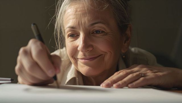 Senior woman drawing with pen on large paper, warm portrait of creative calm older artist