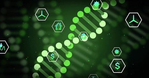 Glowing dna helix linking green finance with biotech innovation in futuristic digital grid