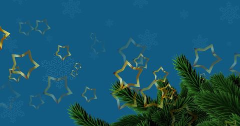 Golden Stars and Fir Tree Branch: A Festive Winter Scene