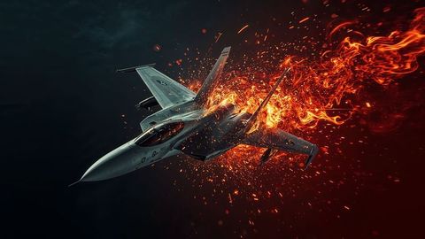 Dynamic fighter jet with fiery trail and dramatic airstrikes sparks in cloudy sky