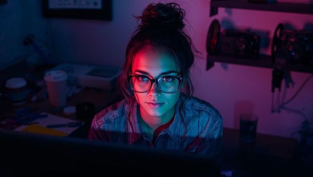 Young woman editing late on computer with cyan and magenta bicolor lighting in home studio