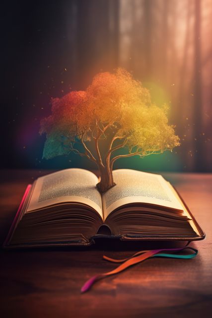 Open book with shining tree over forest, created using generative ai technology - Download Free Stock Photos Pikwizard.com