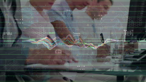 Business Team Analyzing Financial Data with Technological Overlay