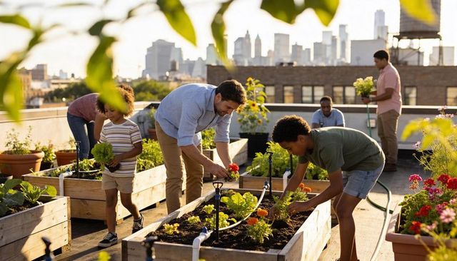 Community rooftop garden volunteers planting lettuce and flowers using drip irrigation