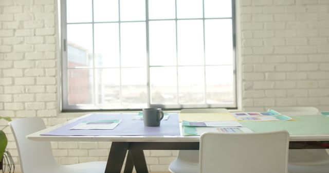 Modern Office Interior with White Brick Wall and Window Light - Download Free Stock Images Pikwizard.com