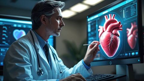 Doctor analyzing 3d heart model to diagnose cardiovascular diseases in modern medical office