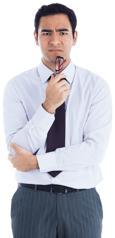 Hispanic businessman in thoughtful expression isolated transparent