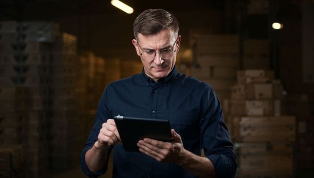 Warehouse manager reviewing tablet for inventory control amid stacked boxes