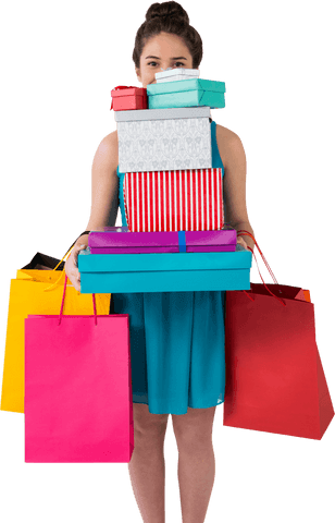 Transparent Woman Holding Multiple Gift Boxes and Party Bags Birthday Celebration