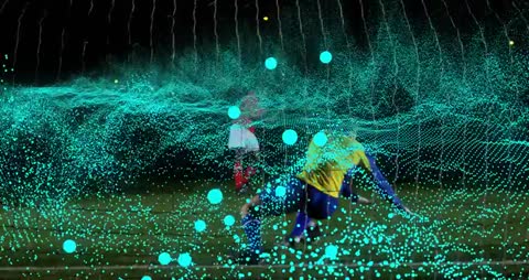 Dramatic Soccer Striker and Goalkeeper Animation with Teal Particles