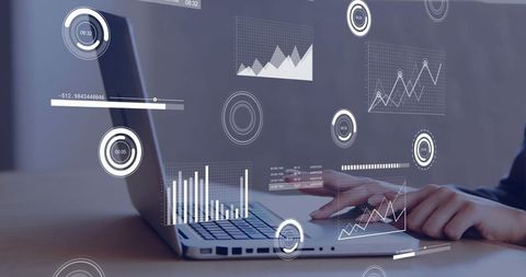 Woman Analyzing Data on Laptop with Futuristic Graph Overlays