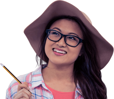Smiling Woman in Hat Holding Pencil on Transparent Background