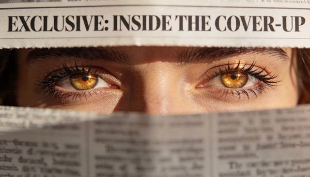 Golden eyes peering through newspaper slit with exclusive headline cinematic closeup