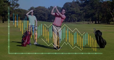 Golfers Analyzing Swing Data on Sunny Golf Course Fairway