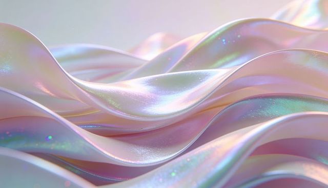 Iridescent pearlescent ribbons flowing in pastel waves macro abstract texture sparkling