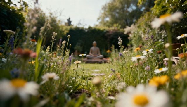 Serene backyard garden path leading to stone buddha resting amid wildflower meadow