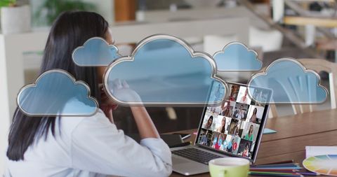 Young Woman in Virtual Meeting with Cloud Computing Concept