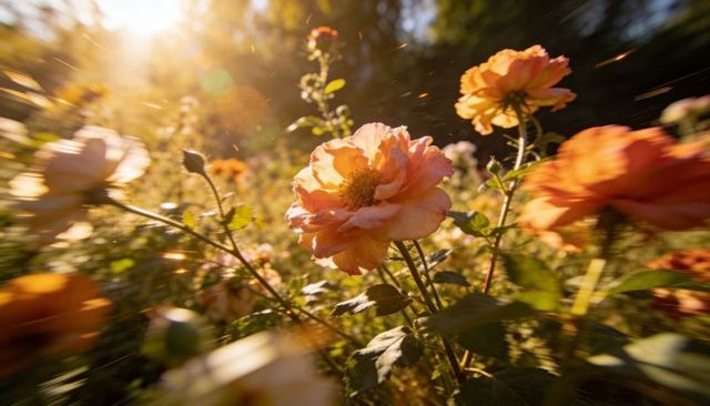 Sunlit orange-pink rose blooming and glowing with lens flare and warm bokeh