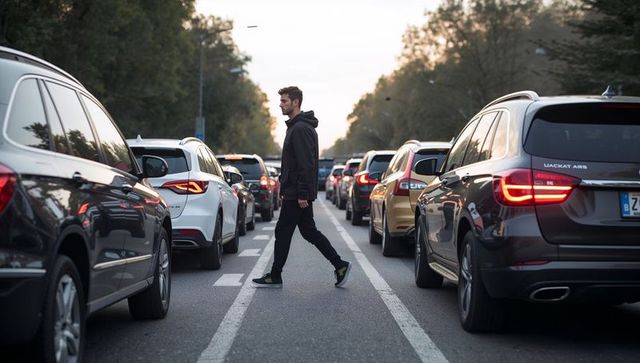 Young man crossing busy city avenue between stopped cars during evening rush hour