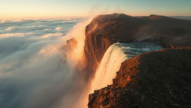 Stunning Waterfall Cascading From Cliff Edge at Sunrise with Clouds