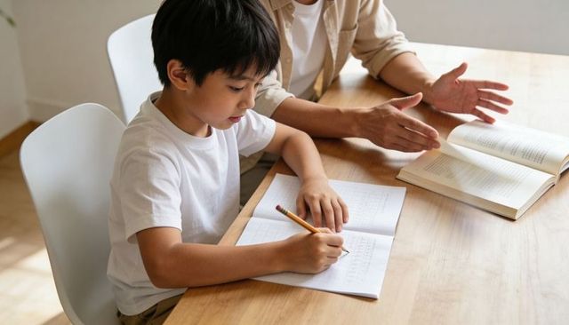 Young boy writing homework while adult guiding studies at home desk