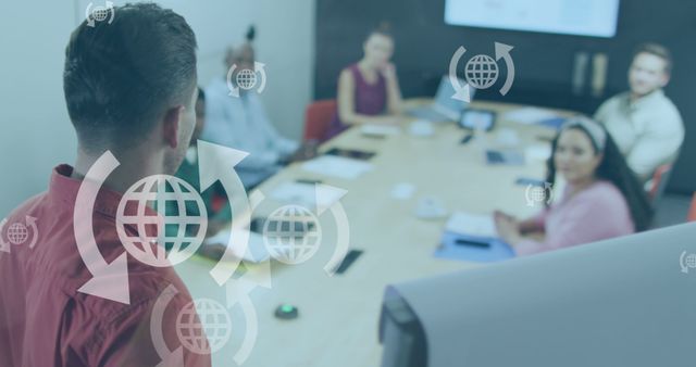 Business professionals in a modern conference room having a presentation. Global communication icons overlay the image, indicating focus on international connectivity and technology use. Suitable for concepts related to corporate training, global business strategy, team collaboration, and business technology.
