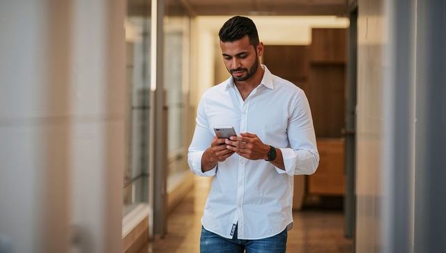 Walking professional checking smartphone in modern office corridor with glass partitions