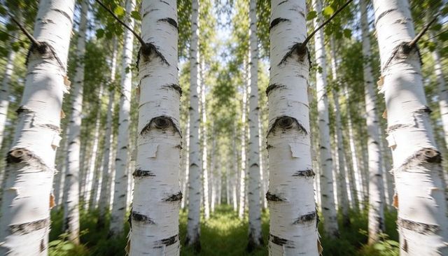 Sunlit birch grove central trunk framing vertical perspective and repetition