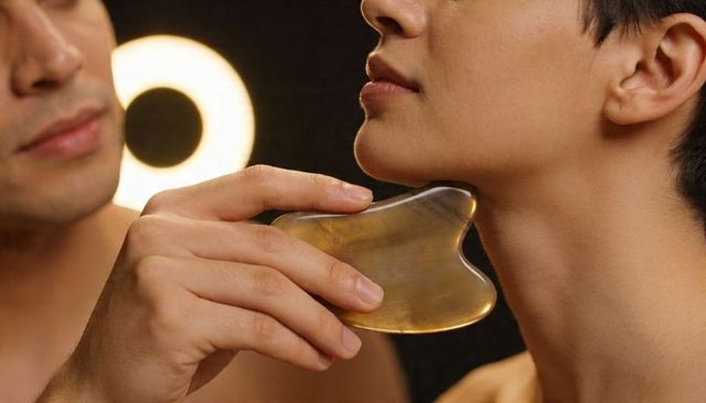 Gold gua sha gliding along jawline and neck during spa facial massage treatment